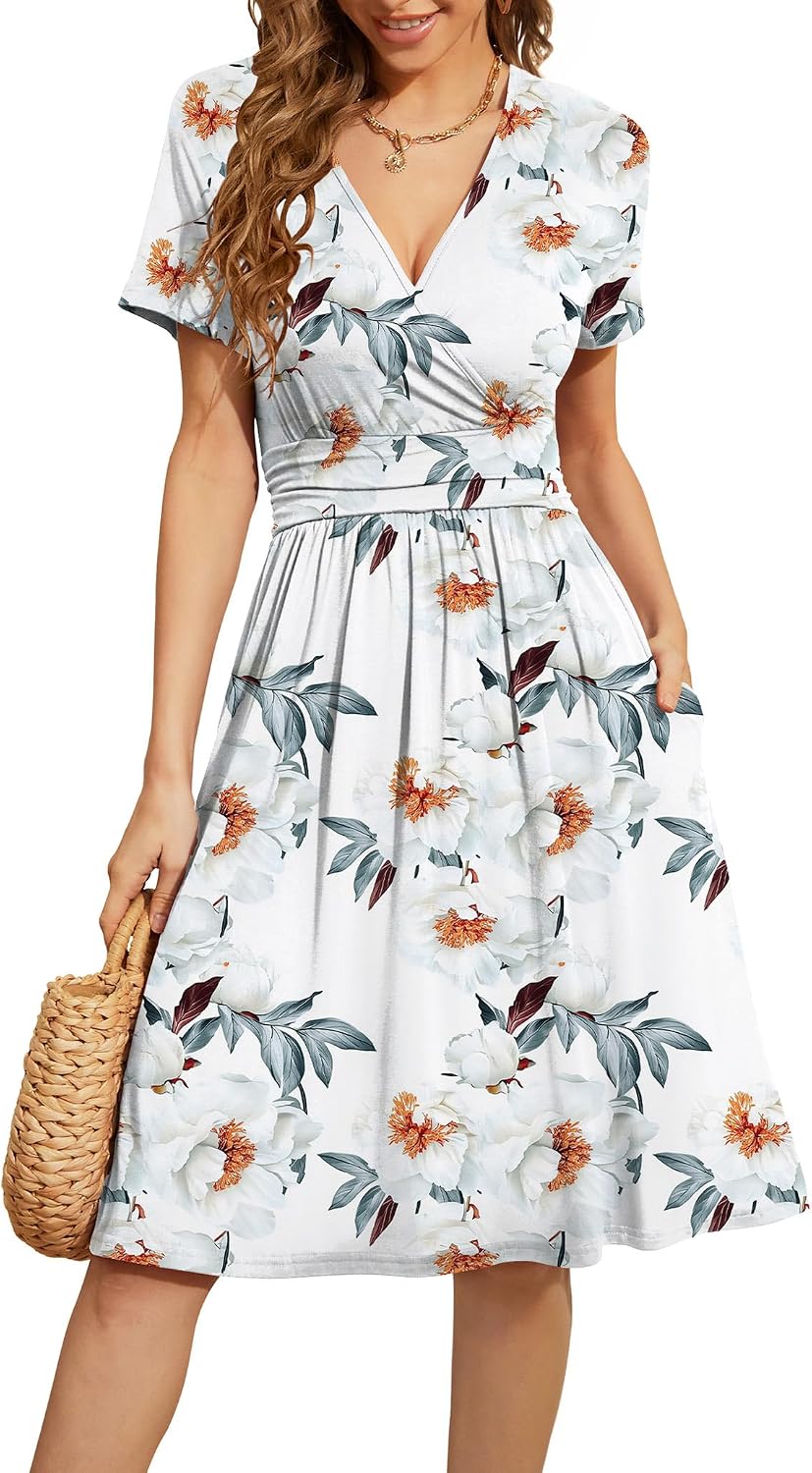 WEACZZY Women's Summer Short Sleeve Casual Dresses V-Neck Floral Party Dress with Pockets