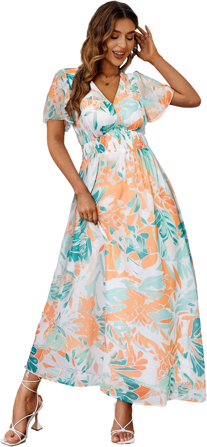 Floral V-Neck Short-Sleeve Maxi Dress in Green Orange