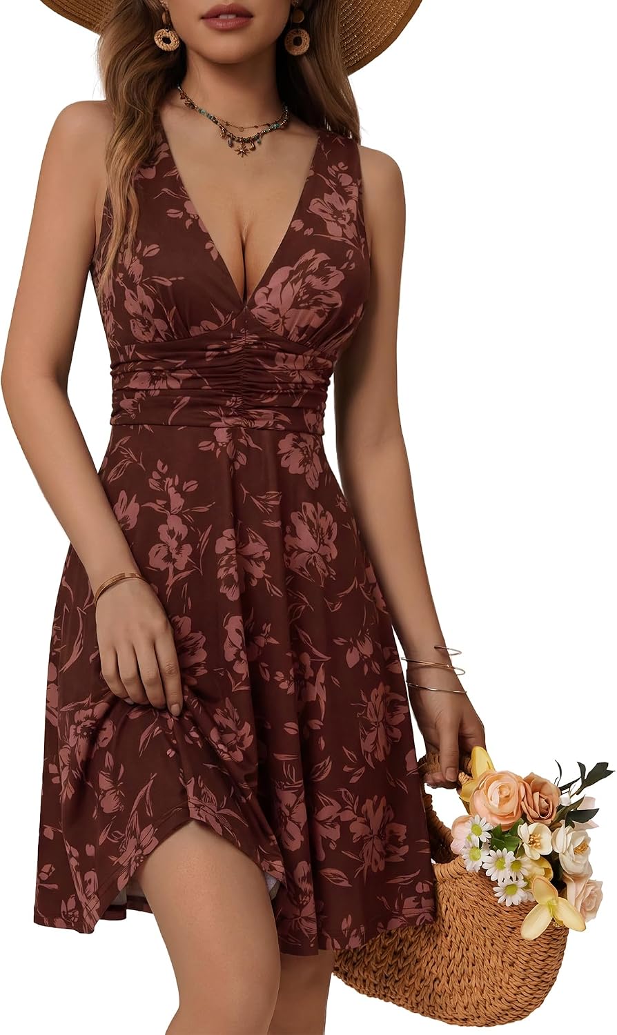 Floral V-Neck Sleeveless Dress in Red Floral 111
