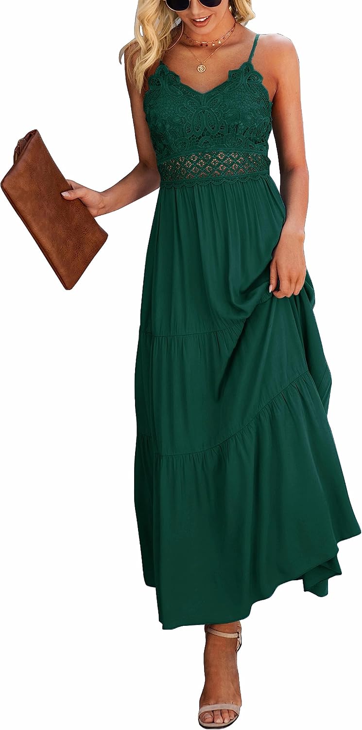 Dokuritu Women's Beach Crochet Lace Maxi Dress Solid Color Summer Vacation Wedding Guest Spaghetti Strap Long Dress