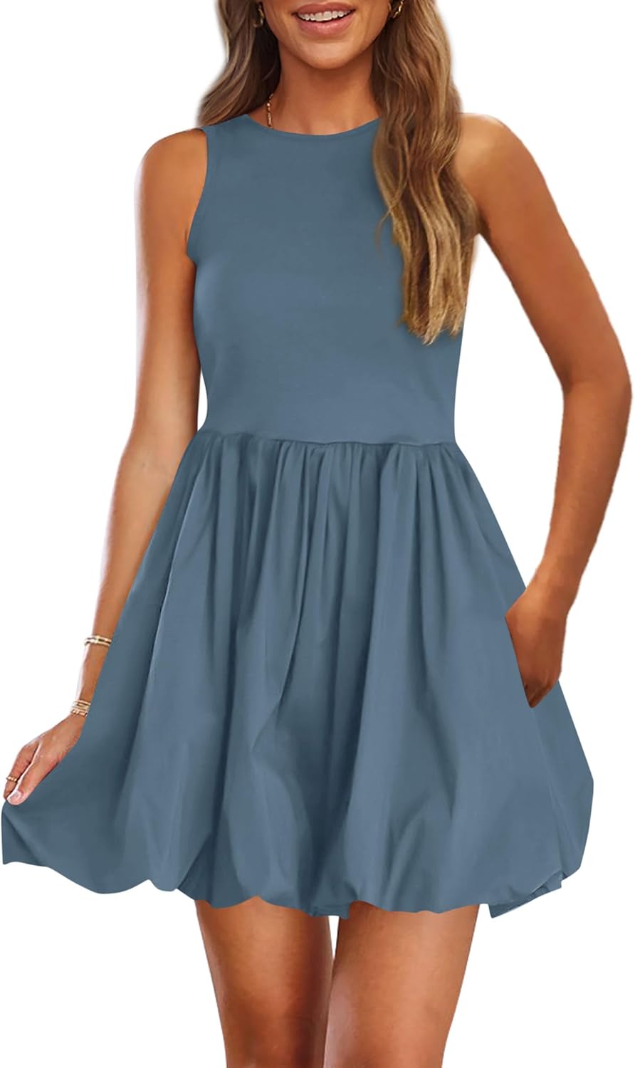 Crew-Neck Sleeveless Mini Dress in Grey Blue