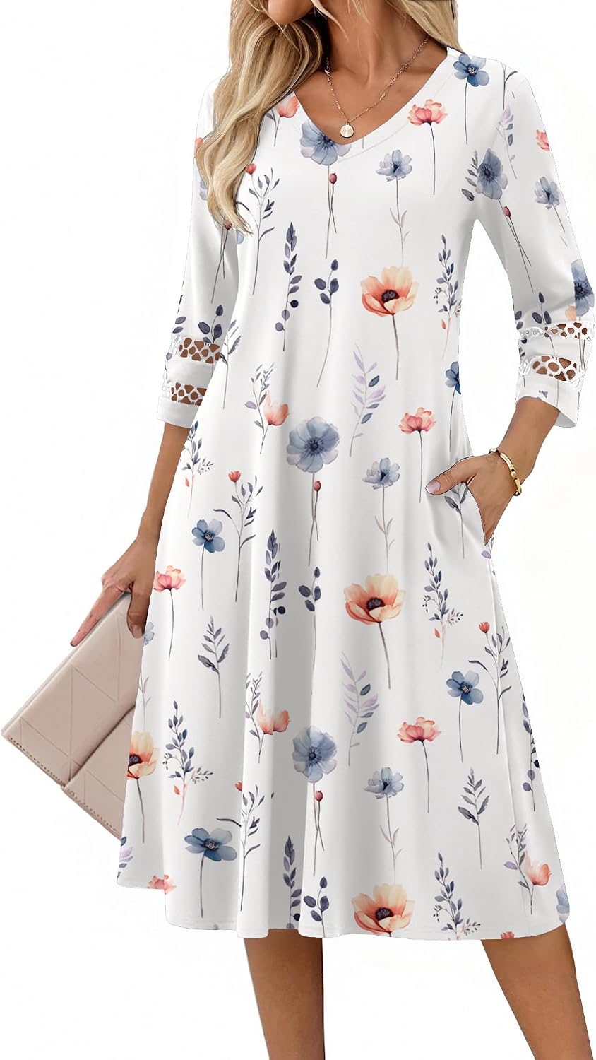 Eyelet V-Neck 3/4-Sleeve A-Line Midi Dress, print style DH950
