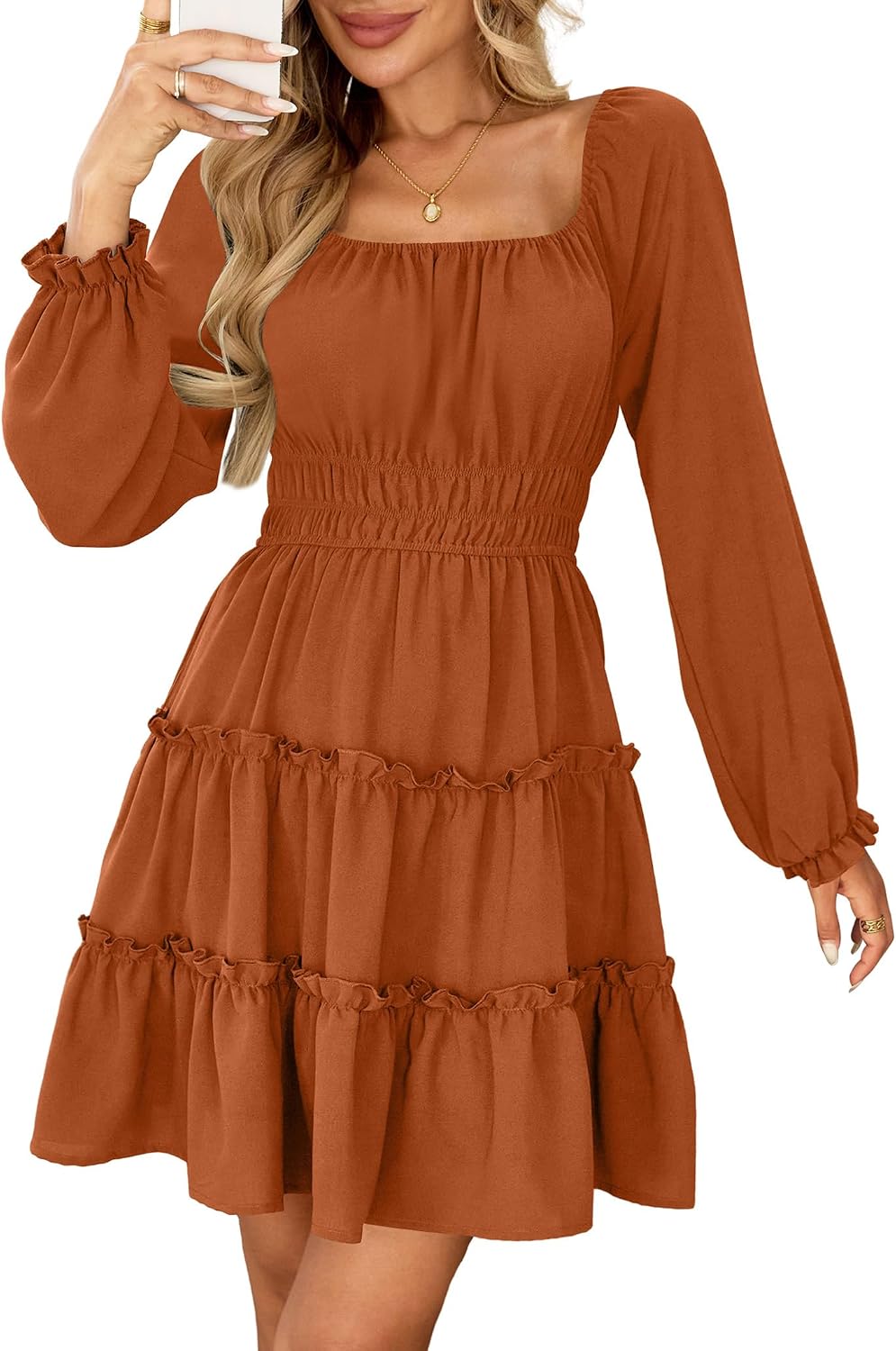 Amoretu Women\u2019s Square Neck Long Sleeve Dress Tiered Ruffle A-Line Flowy Mini Dresses with Pockets