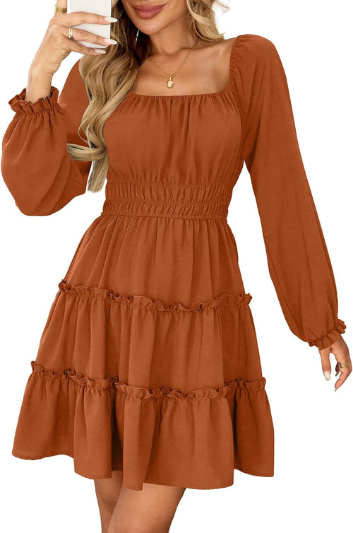 Amoretu Women\u2019s Square Neck Long Sleeve Dress Tiered Ruffle A-Line Flowy Mini Dresses with Pockets