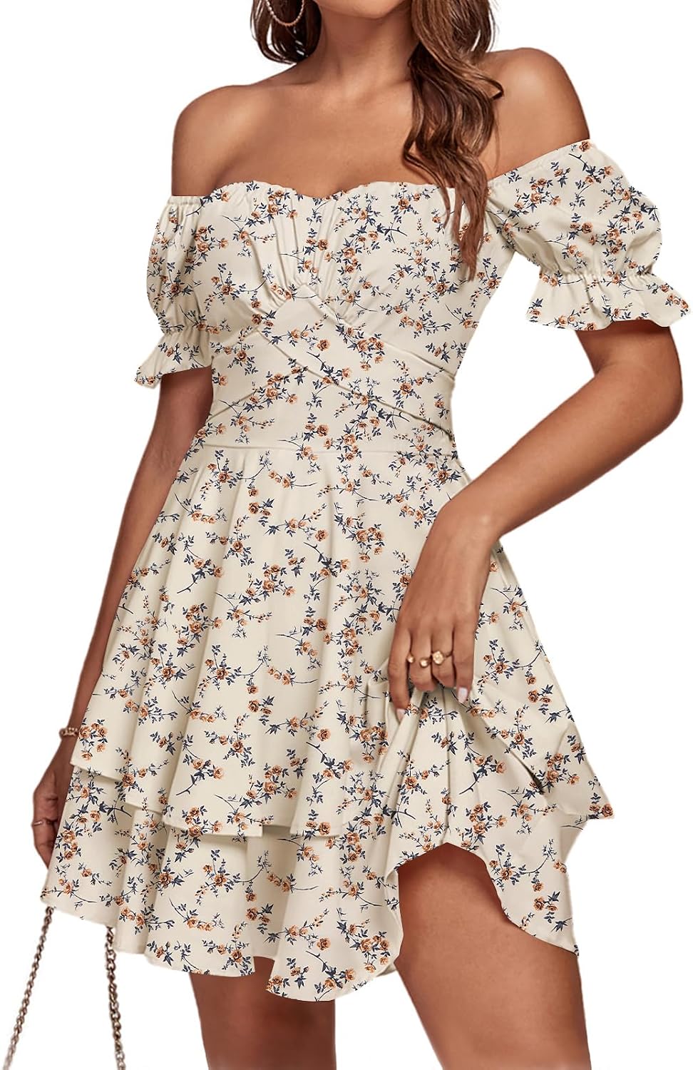 LYANER Women's Off Shoulder Casual Dress | Summer Tie Back Wrap Layer Ruffle A Line Short Sleeve Party Elegant Mini Dresses