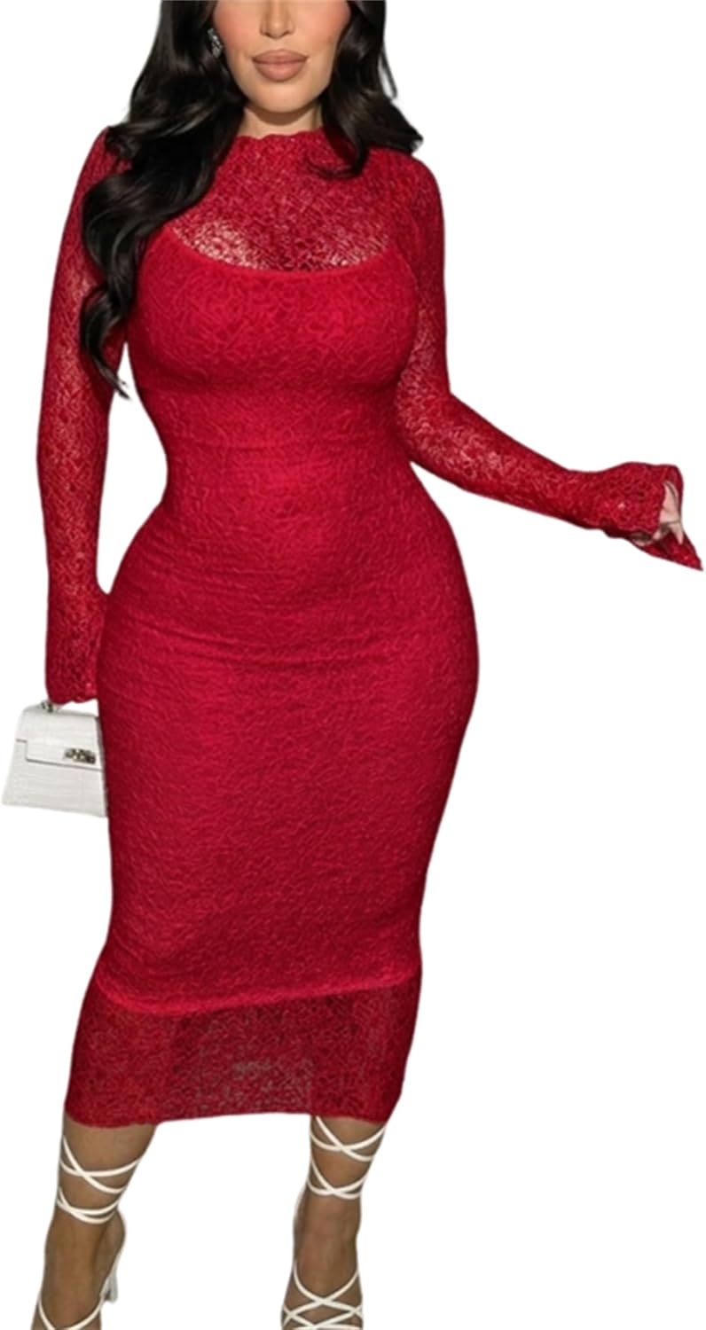 Women\u2019s Lace Bodycon Midi Dress Long Sleeve Cocktail Wedding Guest Dress | Soft Stretch Sheer Lace,Curve-hugging Bodycon Fit,Elegant Midi Dress for Birthday,Party Club,Date Night,Prom Dress
