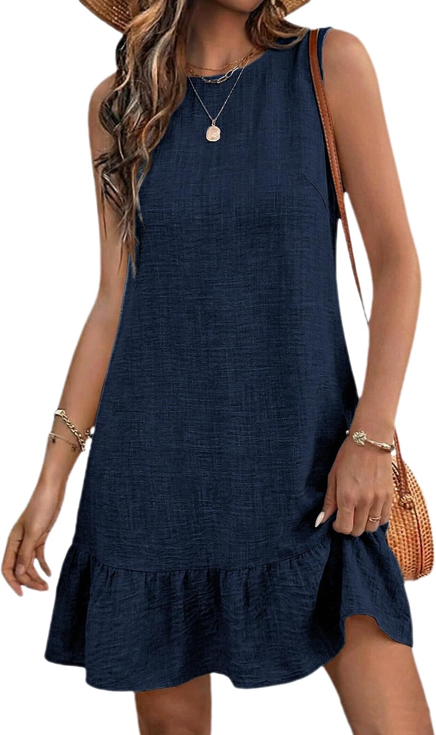 Halife Womens Summer Dresses Tie Back Sleeveless Tank Mini Beach Sundress | Crew Neck, Ruffle Hem Flowy Sun Dresses, Soft Lighteright Open Back Dress, Short Summer Dress for Casual Daily & Vacation