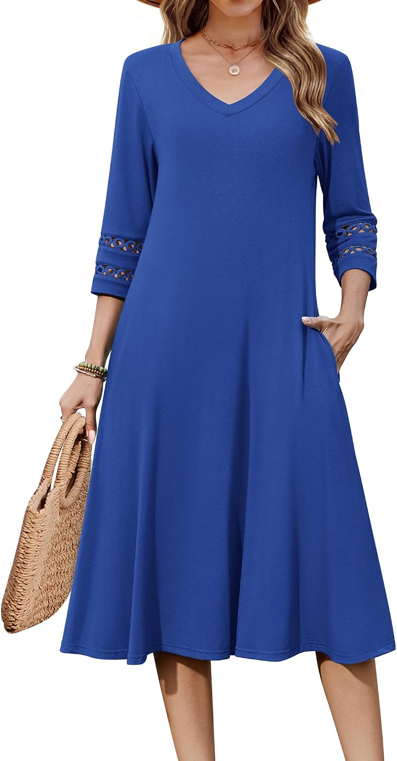 Eyelet V-Neck 3/4-Sleeve A-Line Midi Dress in Blue 2
