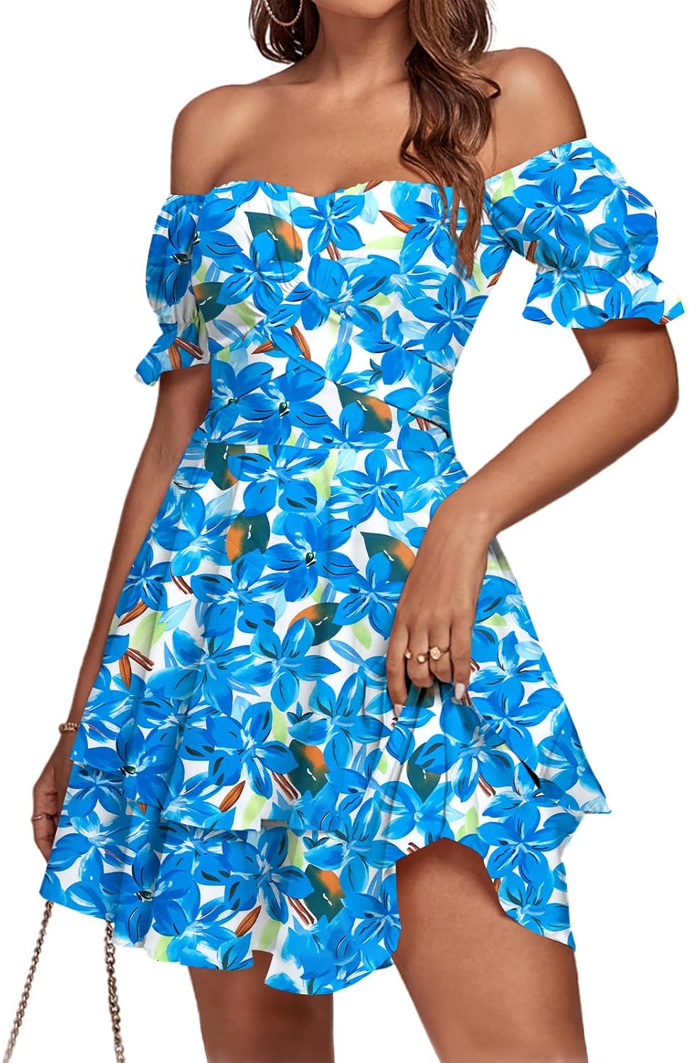 LYANER Women's Off Shoulder Casual Dress | Summer Tie Back Wrap Layer Ruffle A Line Short Sleeve Party Elegant Mini Dresses
