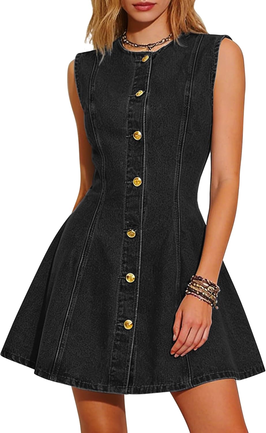 Nitzana Women Denim Dress Sleeveless Mini Jean Dresses Western Outfits 2026 | Button Down Shirt Denim Dress Mini Tank Dresses Casual Babydoll Jean Dresses with Pocket Cowgirl Western Outfits