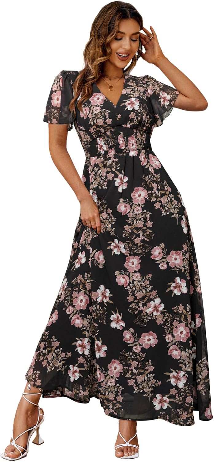 Floral V-Neck Short-Sleeve Maxi Dress in Black Flower