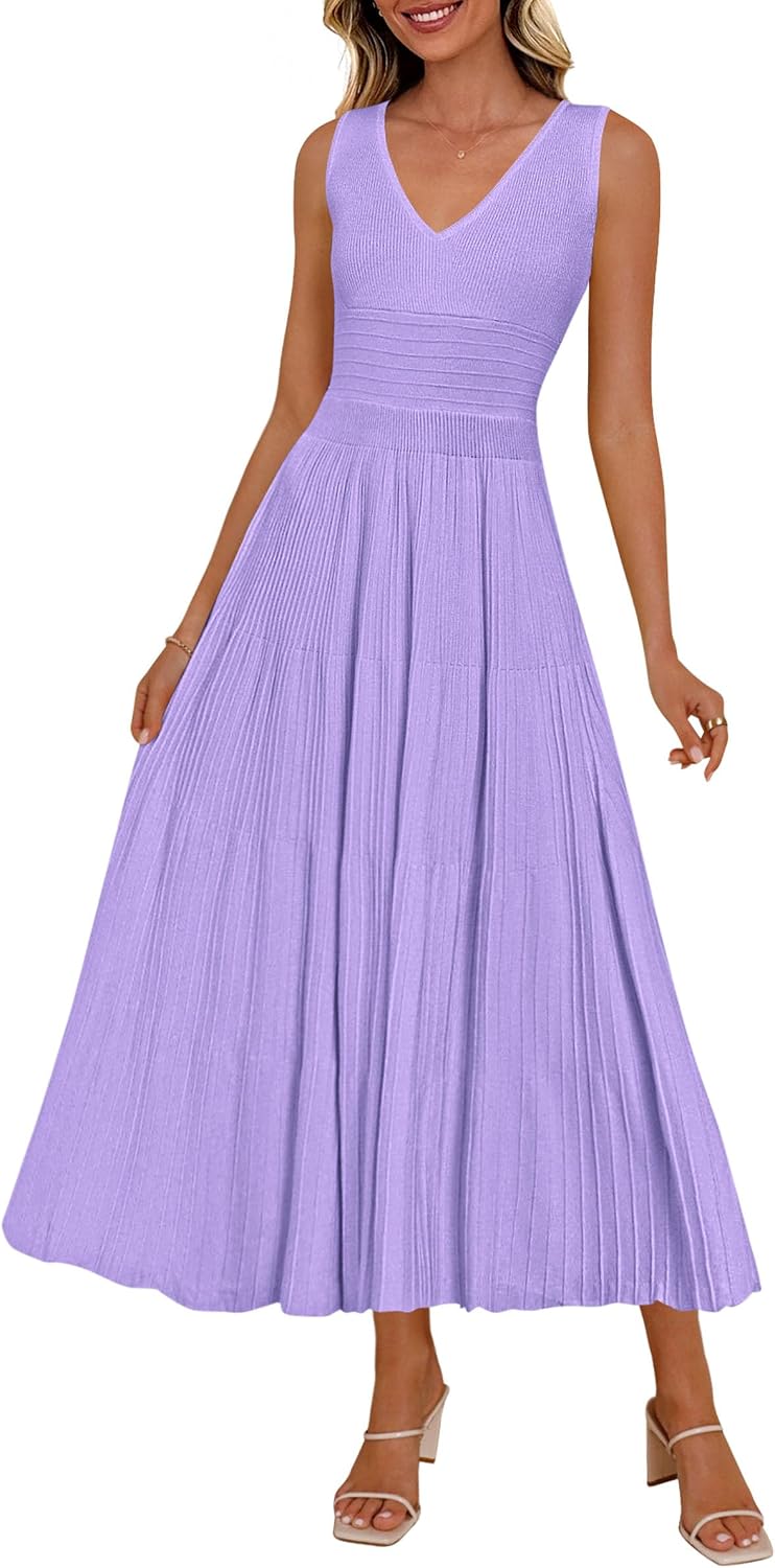 PRETTYGARDEN Women's Summer V Neck Pleated Midi Dress | Sleeveless A-Line Long Dresses, Elegant Semi Formal Spring Dress for Work, Wedding Guest, Cocktail, Casual Vacation Outfits