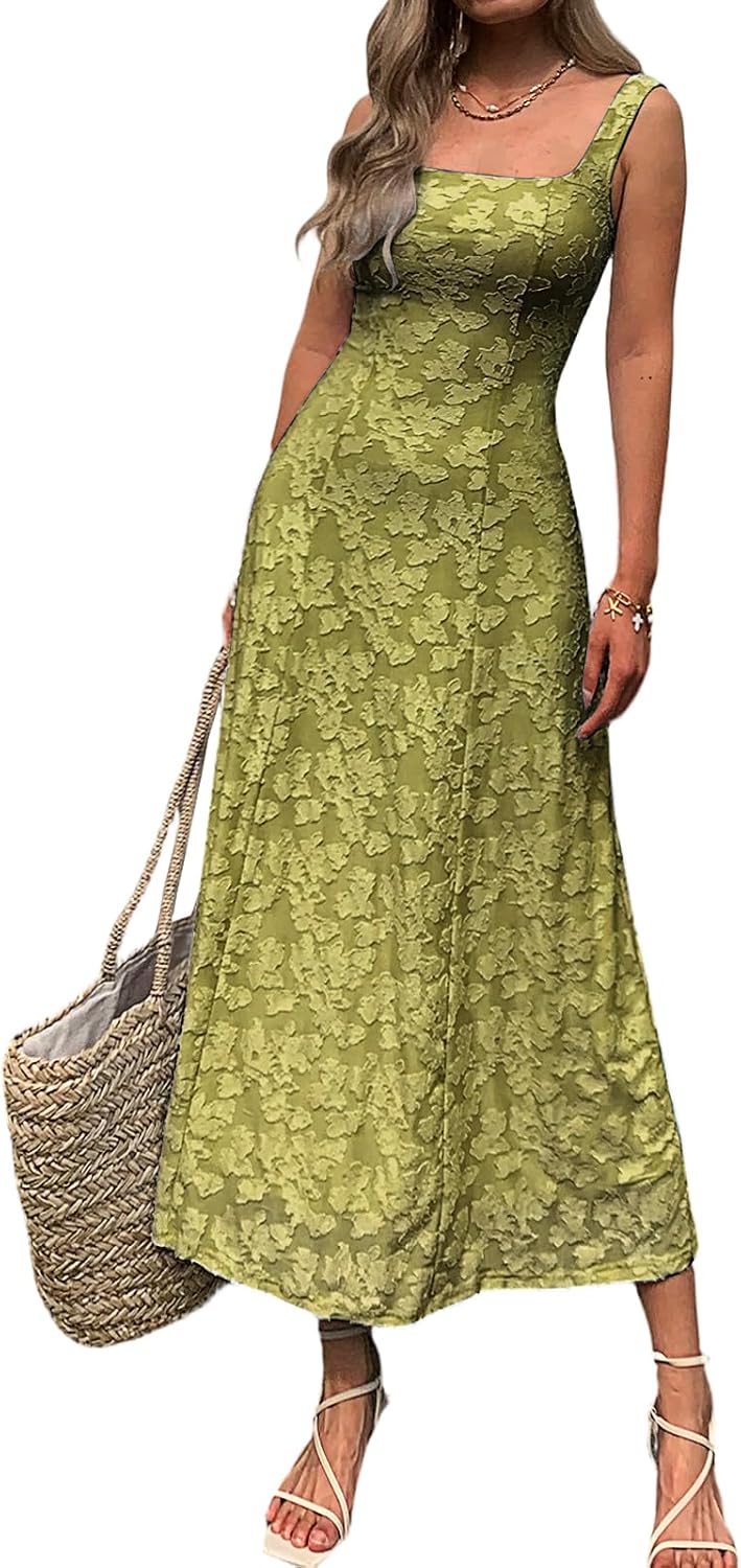 Mieazom Women\u2019s Floral Maxi Dress Square Neck Sleeveless A Line Summer Dress Elegant Fitted Bodice Flowy Long Sundress