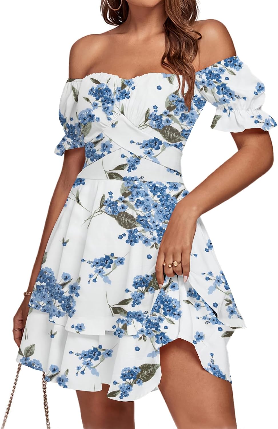 LYANER Women's Off Shoulder Casual Dress | Summer Tie Back Wrap Layer Ruffle A Line Short Sleeve Party Elegant Mini Dresses