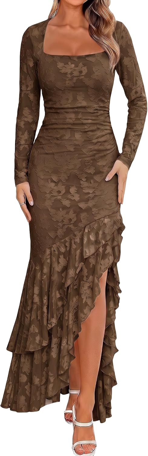 BORIFLORS Women's Elegant Fall Wedding Guest Long Sleeve Maxi Dress | Floral, Mermaid Ruffle, Square Neck, Ruched Mesh,Winter, Cocktail Party Forma, Long Dresses
