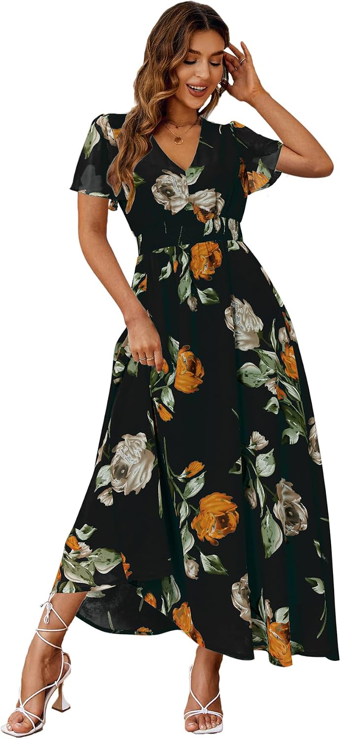 Floral V-Neck Short-Sleeve Maxi Dress in Black 2