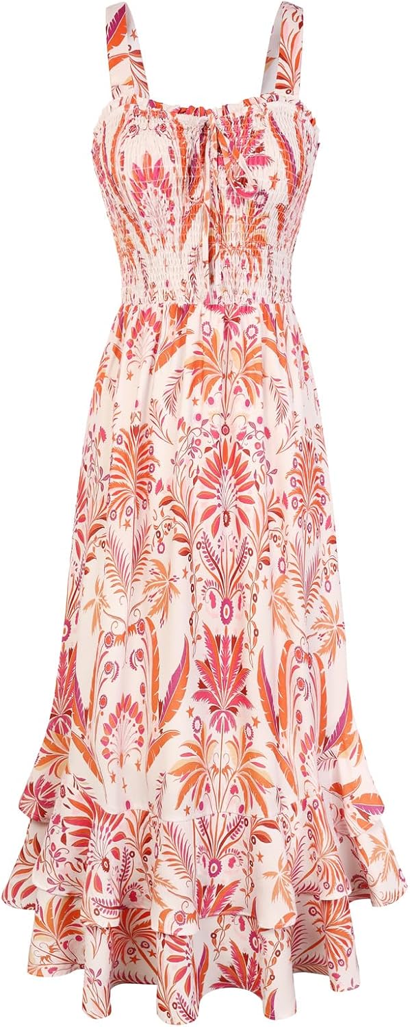 GRACE KARIN Women's 2026 Summer Floral Boho Dresses | Square Neck Strapped Swing A Line Sundress, Long Maxi Beach Dress Outfits, Sleeveless Hawaiian Trendy Fashion Clothes