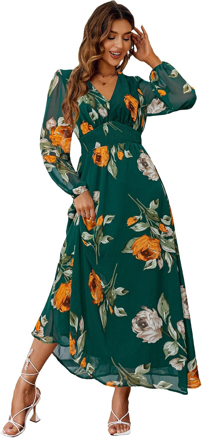 Floral V-Neck Short-Sleeve Maxi Dress in Emerald Green Long Sleeve