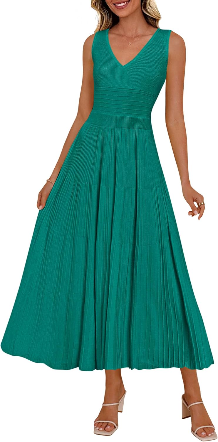 PRETTYGARDEN Women's Summer V Neck Pleated Midi Dress | Sleeveless A-Line Long Dresses, Elegant Semi Formal Spring Dress for Work, Wedding Guest, Cocktail, Casual Vacation Outfits