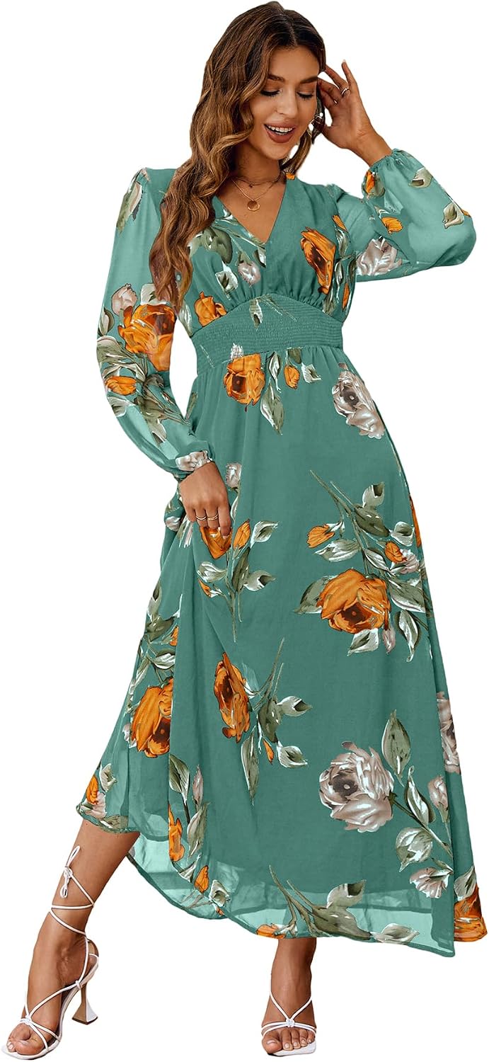 Floral V-Neck Short-Sleeve Maxi Dress in Lake Green Long Sleeve