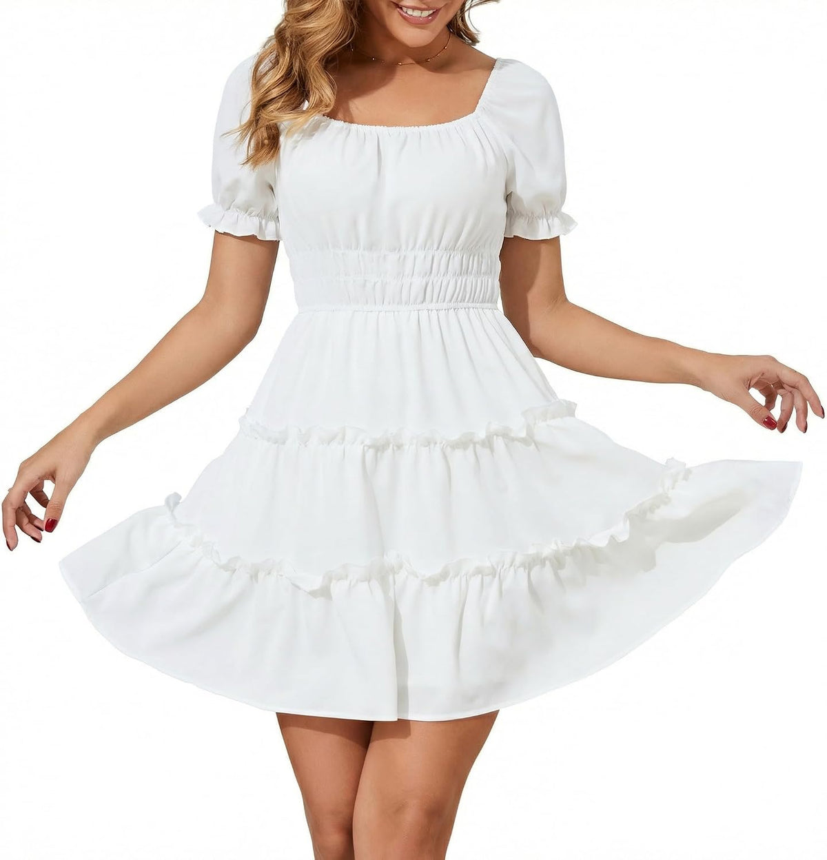 Amoretu Women\u2019s Square Neck Long Sleeve Dress Tiered Ruffle A-Line Flowy Mini Dresses with Pockets