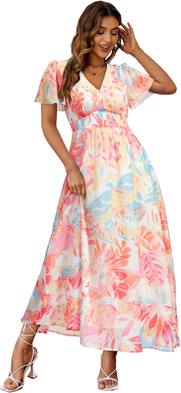 Floral V-Neck Short-Sleeve Maxi Dress in Blue Yellow Red