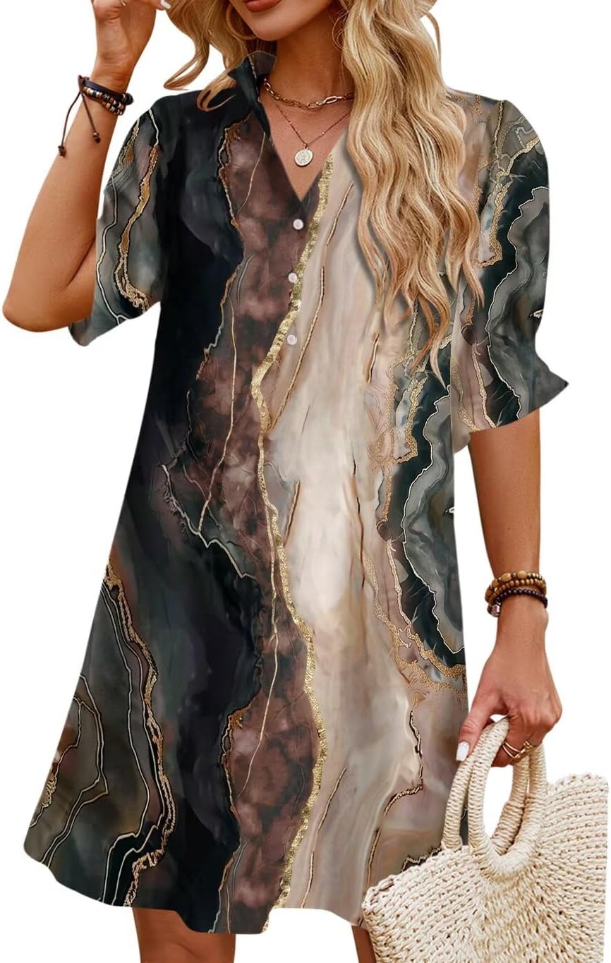 JPGLOV Womens Summer Shirt Mini Beach Dresses | Button Down Shift Dress,Ruffle Short Sleeve,Floral Boho Style,Side Pockets,Casual Vacation Hawaiian Wedding Guest Outfits