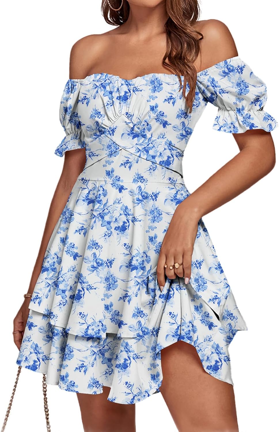 LYANER Women's Off Shoulder Casual Dress | Summer Tie Back Wrap Layer Ruffle A Line Short Sleeve Party Elegant Mini Dresses