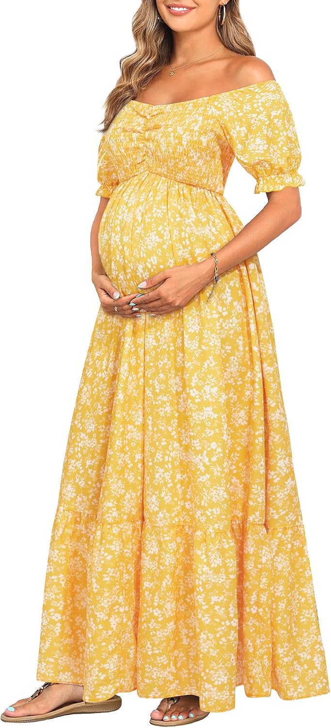 Floral Off-Shoulder Puff-Sleeve A-Line Maxi Dress in Yellow Floral