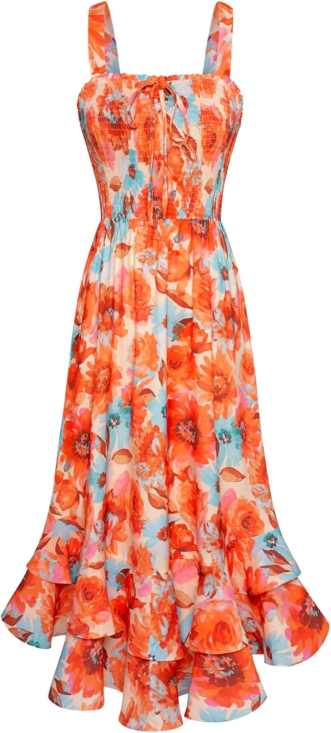 GRACE KARIN Women's 2026 Summer Floral Boho Dresses | Square Neck Strapped Swing A Line Sundress, Long Maxi Beach Dress Outfits, Sleeveless Hawaiian Trendy Fashion Clothes