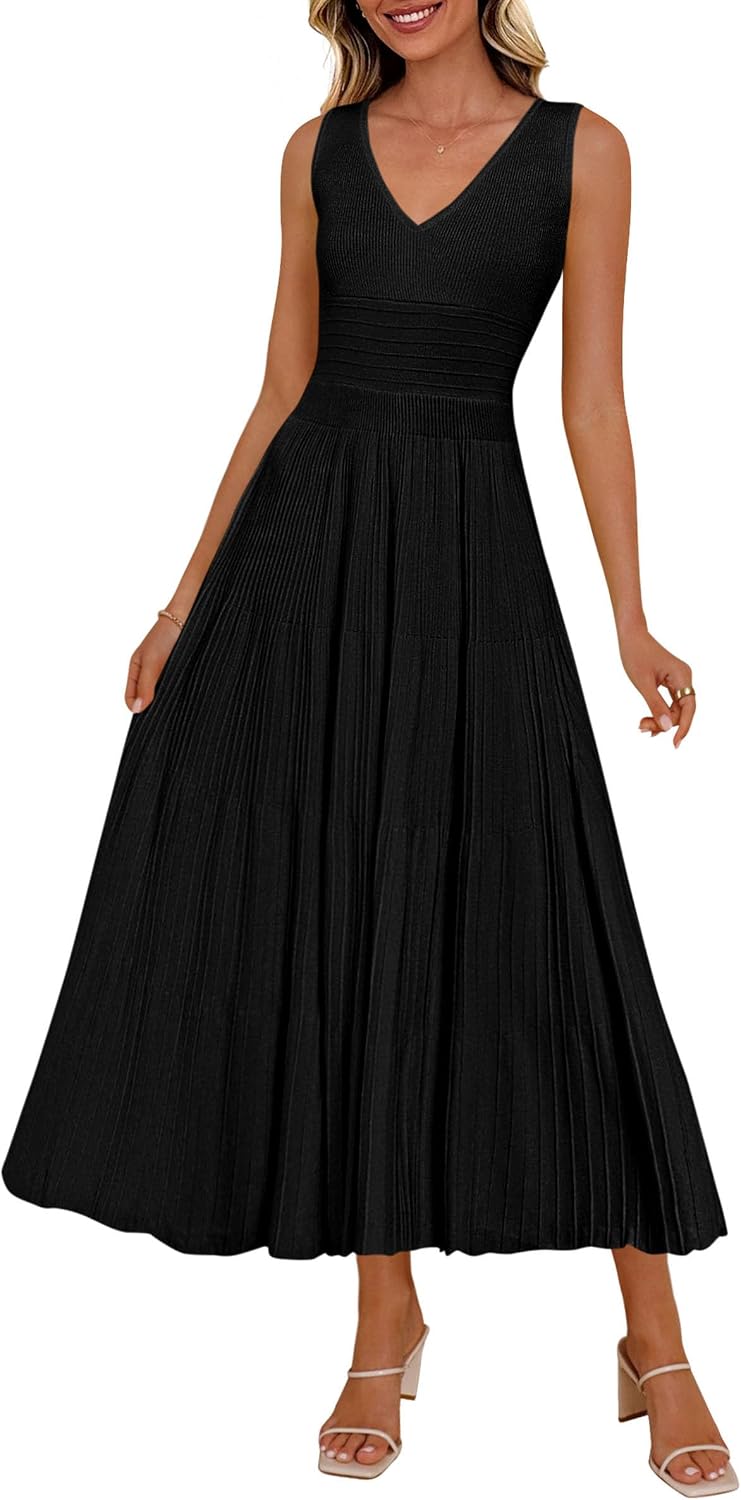 PRETTYGARDEN Women's Summer V Neck Pleated Midi Dress | Sleeveless A-Line Long Dresses, Elegant Semi Formal Spring Dress for Work, Wedding Guest, Cocktail, Casual Vacation Outfits