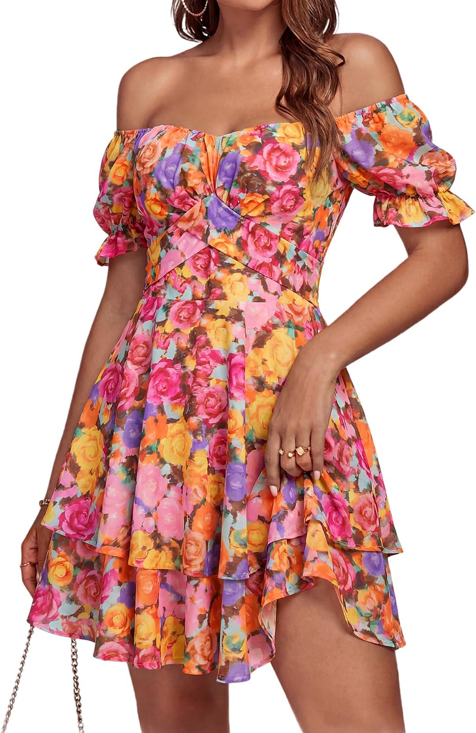 LYANER Women's Off Shoulder Casual Dress | Summer Tie Back Wrap Layer Ruffle A Line Short Sleeve Party Elegant Mini Dresses