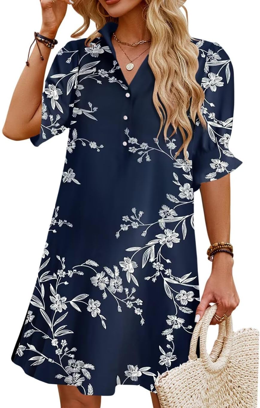 JPGLOV Womens Summer Shirt Mini Beach Dresses | Button Down Shift Dress,Ruffle Short Sleeve,Floral Boho Style,Side Pockets,Casual Vacation Hawaiian Wedding Guest Outfits