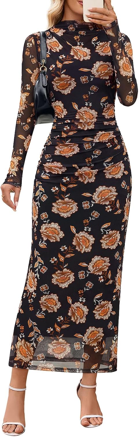 Floral Mesh Long-Sleeve Bodycon Maxi Dress in Black Orange