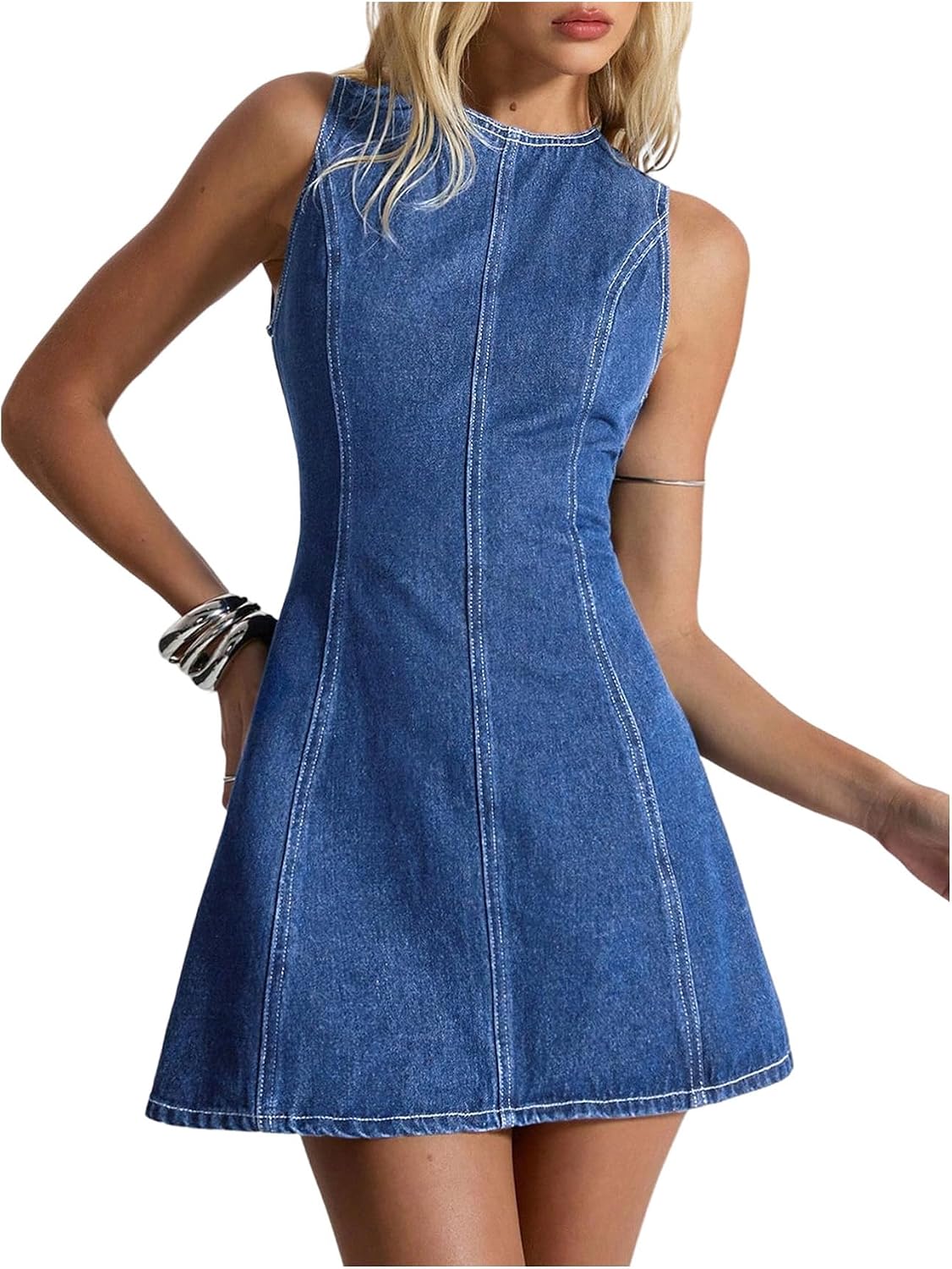 WDIRARA Women's A Line Mini Denim Dress Y2k Flared Hign Waist Short Dresses | Backless，Sleeveless