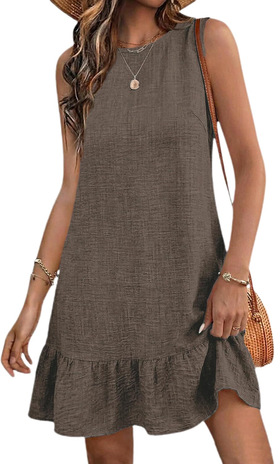 Halife Womens Summer Dresses Tie Back Sleeveless Tank Mini Beach Sundress | Crew Neck, Ruffle Hem Flowy Sun Dresses, Soft Lighteright Open Back Dress, Short Summer Dress for Casual Daily & Vacation