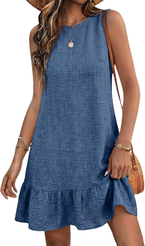 Halife Womens Summer Dresses Tie Back Sleeveless Tank Mini Beach Sundress | Crew Neck, Ruffle Hem Flowy Sun Dresses, Soft Lighteright Open Back Dress, Short Summer Dress for Casual Daily & Vacation