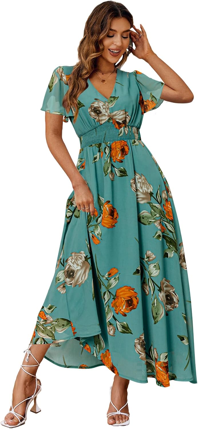 Floral V-Neck Short-Sleeve Maxi Dress in Turquoise Green