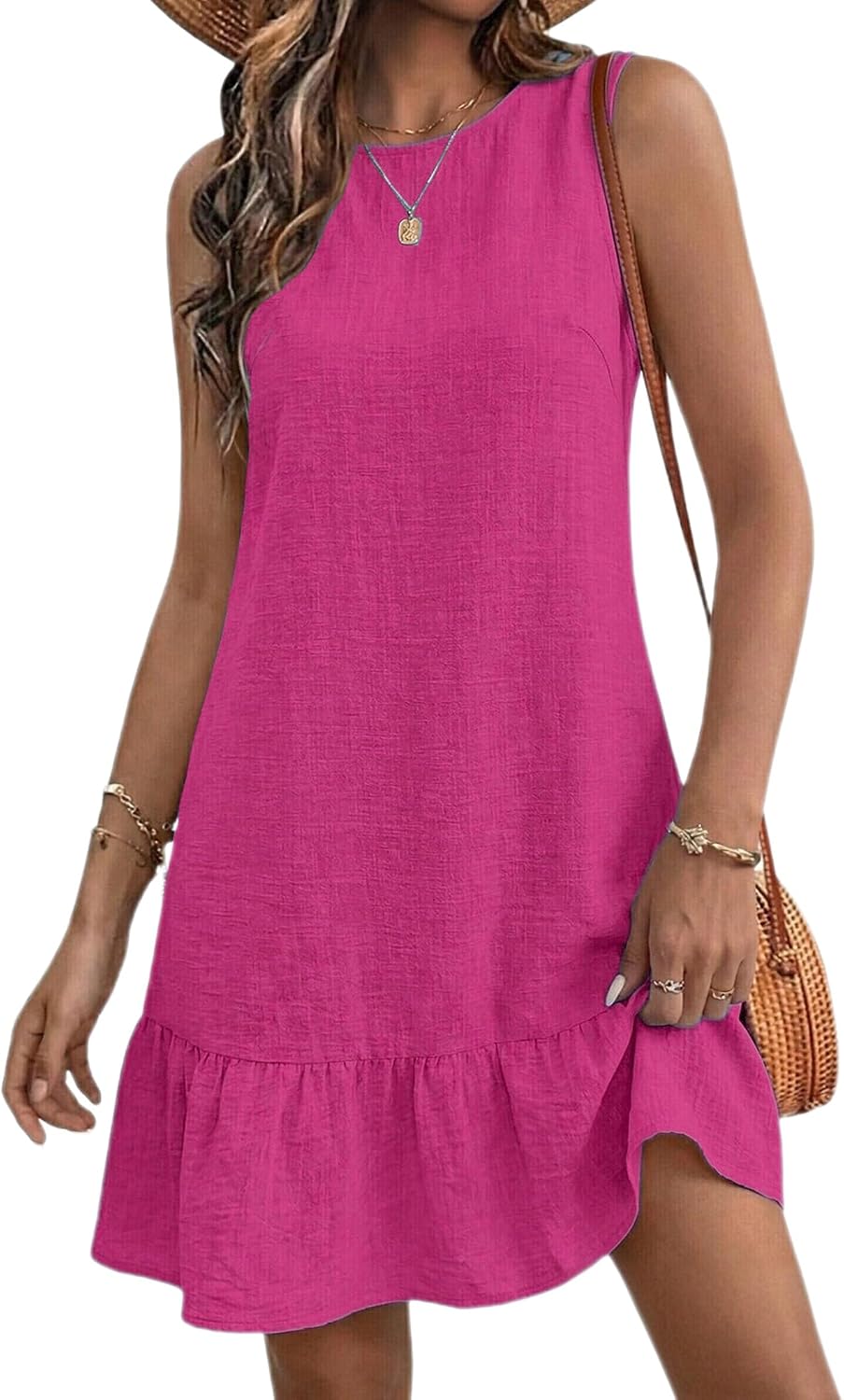 Halife Womens Summer Dresses Tie Back Sleeveless Tank Mini Beach Sundress | Crew Neck, Ruffle Hem Flowy Sun Dresses, Soft Lighteright Open Back Dress, Short Summer Dress for Casual Daily & Vacation