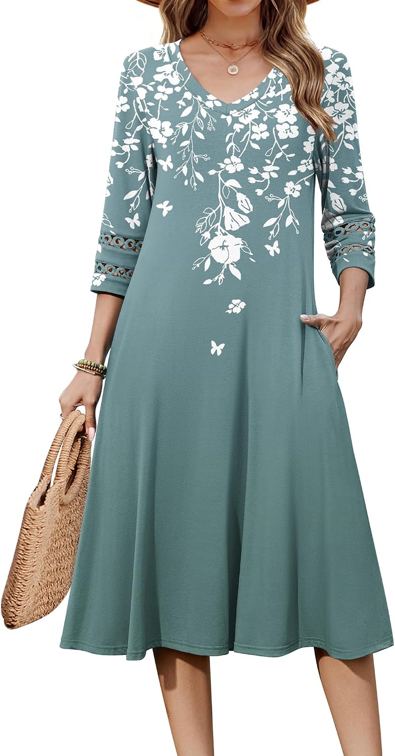 Eyelet V-Neck 3/4-Sleeve A-Line Midi Dress, print style SF234