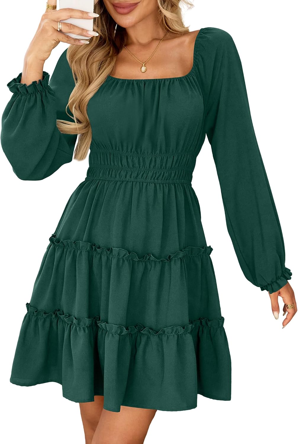 Amoretu Women\u2019s Square Neck Long Sleeve Dress Tiered Ruffle A-Line Flowy Mini Dresses with Pockets