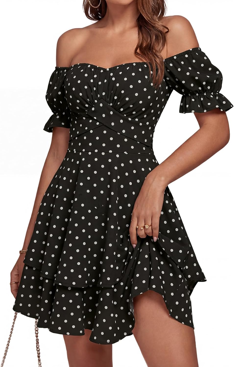LYANER Women's Off Shoulder Casual Dress | Summer Tie Back Wrap Layer Ruffle A Line Short Sleeve Party Elegant Mini Dresses