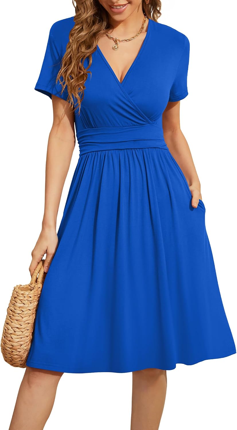 WEACZZY Women's Summer Short Sleeve Casual Dresses V-Neck Floral Party Dress with Pockets