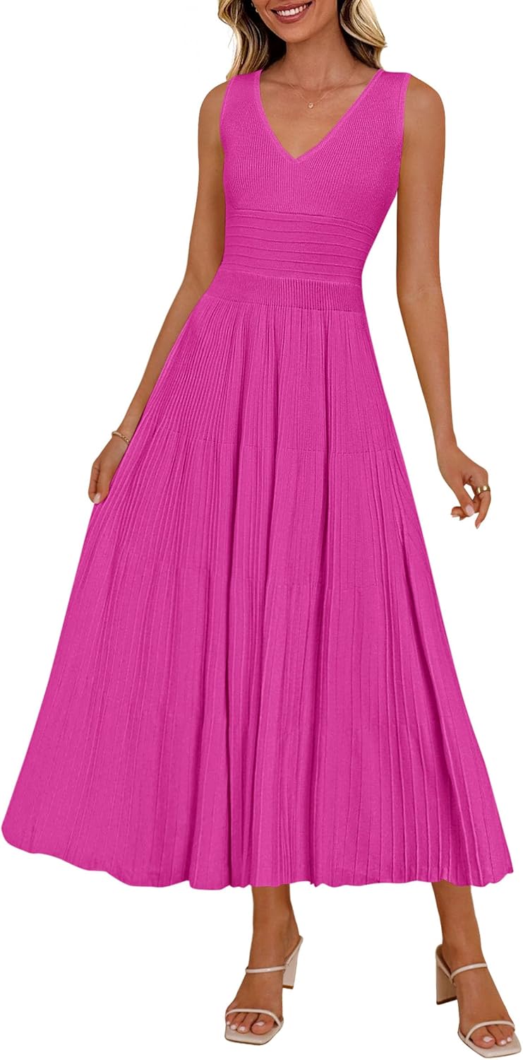 PRETTYGARDEN Women's Summer V Neck Pleated Midi Dress | Sleeveless A-Line Long Dresses, Elegant Semi Formal Spring Dress for Work, Wedding Guest, Cocktail, Casual Vacation Outfits