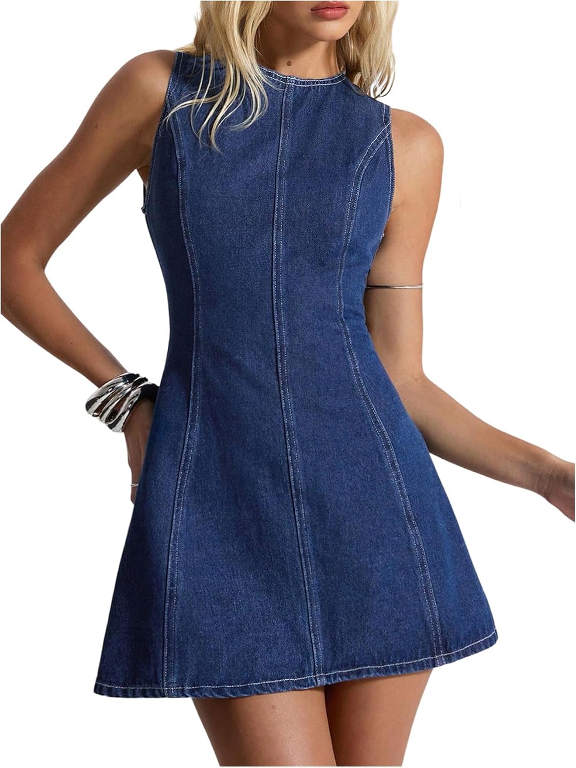 WDIRARA Women's A Line Mini Denim Dress Y2k Flared Hign Waist Short Dresses | Backless，Sleeveless