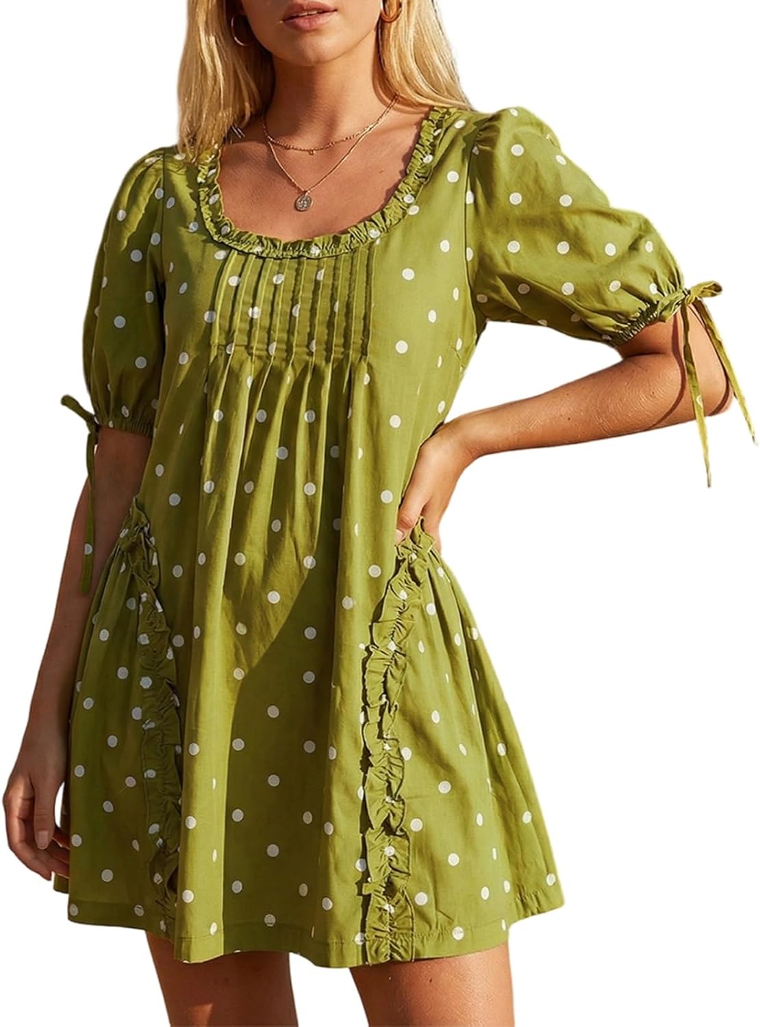 QLQLWDD Women Square Neck Babydoll Mini Dress Y2k Puff Sleeve Flowy Short Dress Loose Bow Tie Ruffle Trim Going Out Sundress