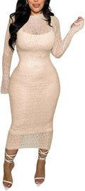 Women\u2019s Lace Bodycon Midi Dress Long Sleeve Cocktail Wedding Guest Dress | Soft Stretch Sheer Lace,Curve-hugging Bodycon Fit,Elegant Midi Dress for Birthday,Party Club,Date Night,Prom Dress