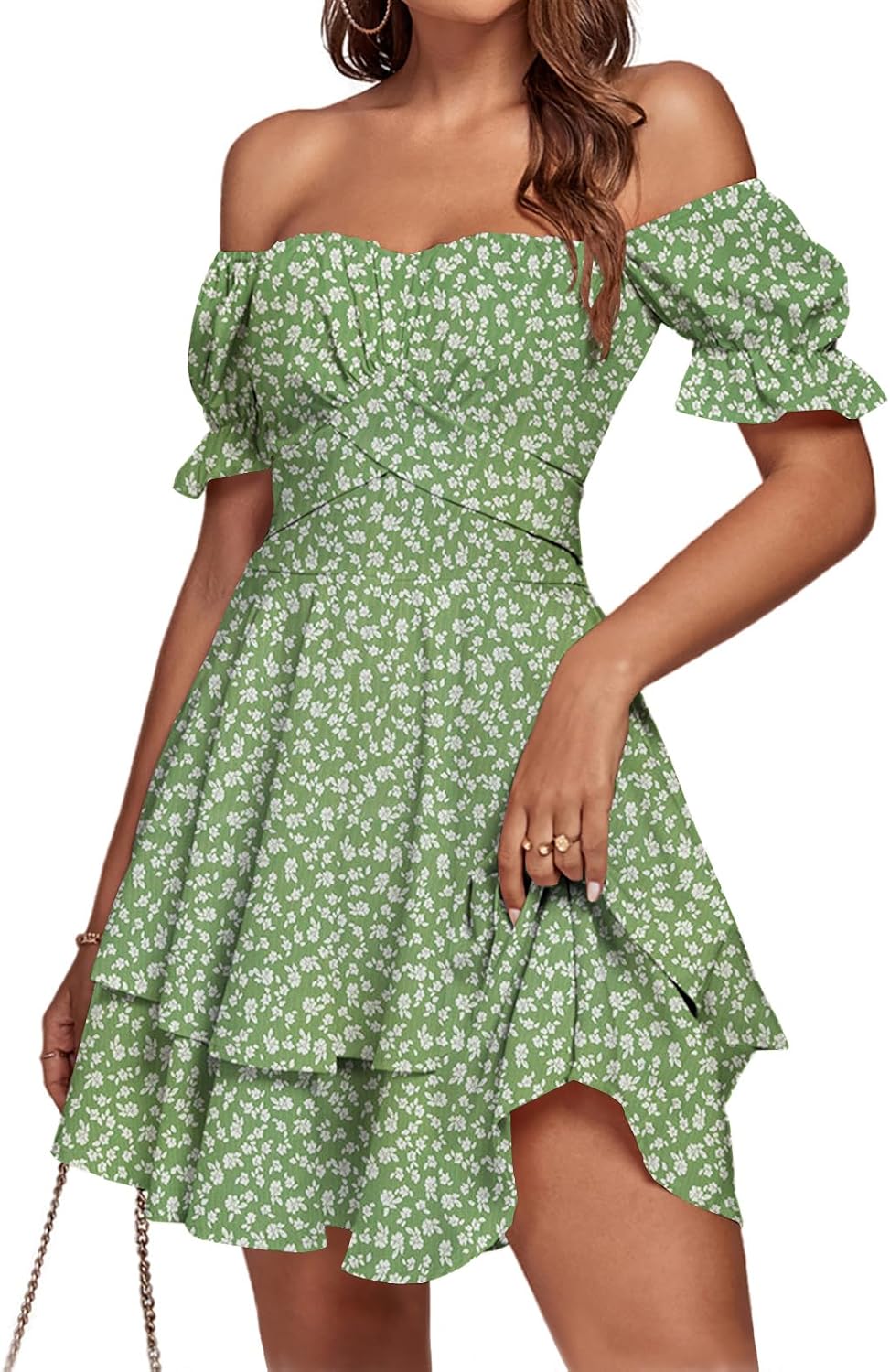 LYANER Women's Off Shoulder Casual Dress | Summer Tie Back Wrap Layer Ruffle A Line Short Sleeve Party Elegant Mini Dresses
