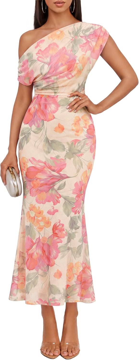 ZESICA Women's Off Shoulder Floral Formal Cocktail Wedding Guest Long Dress | Mesh, One Shoulder, Ruched, Bodycon, Elegant, Baby Shower, Party, Date Night, Dinner, Holiday, Prom, Homecoming Dress