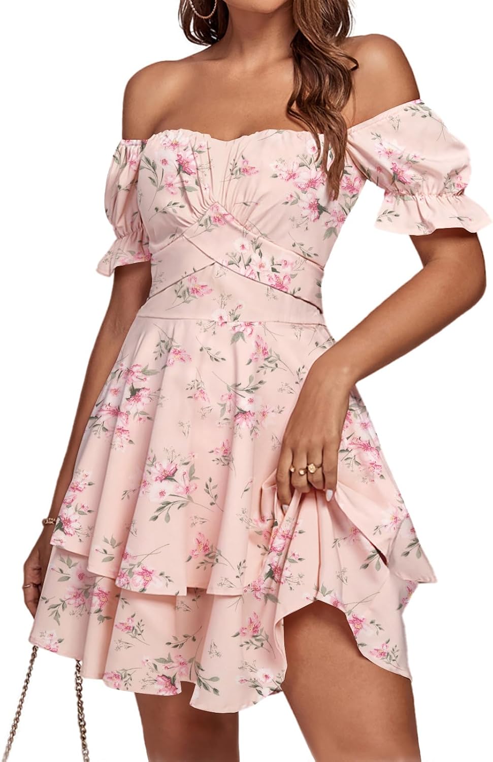 LYANER Women's Off Shoulder Casual Dress | Summer Tie Back Wrap Layer Ruffle A Line Short Sleeve Party Elegant Mini Dresses
